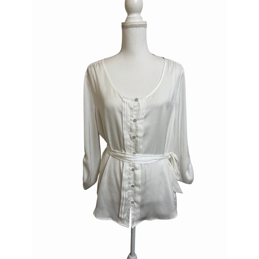 NWT New York & Company Womens L White Satin Long Sleeve Blouse With Tie Waist